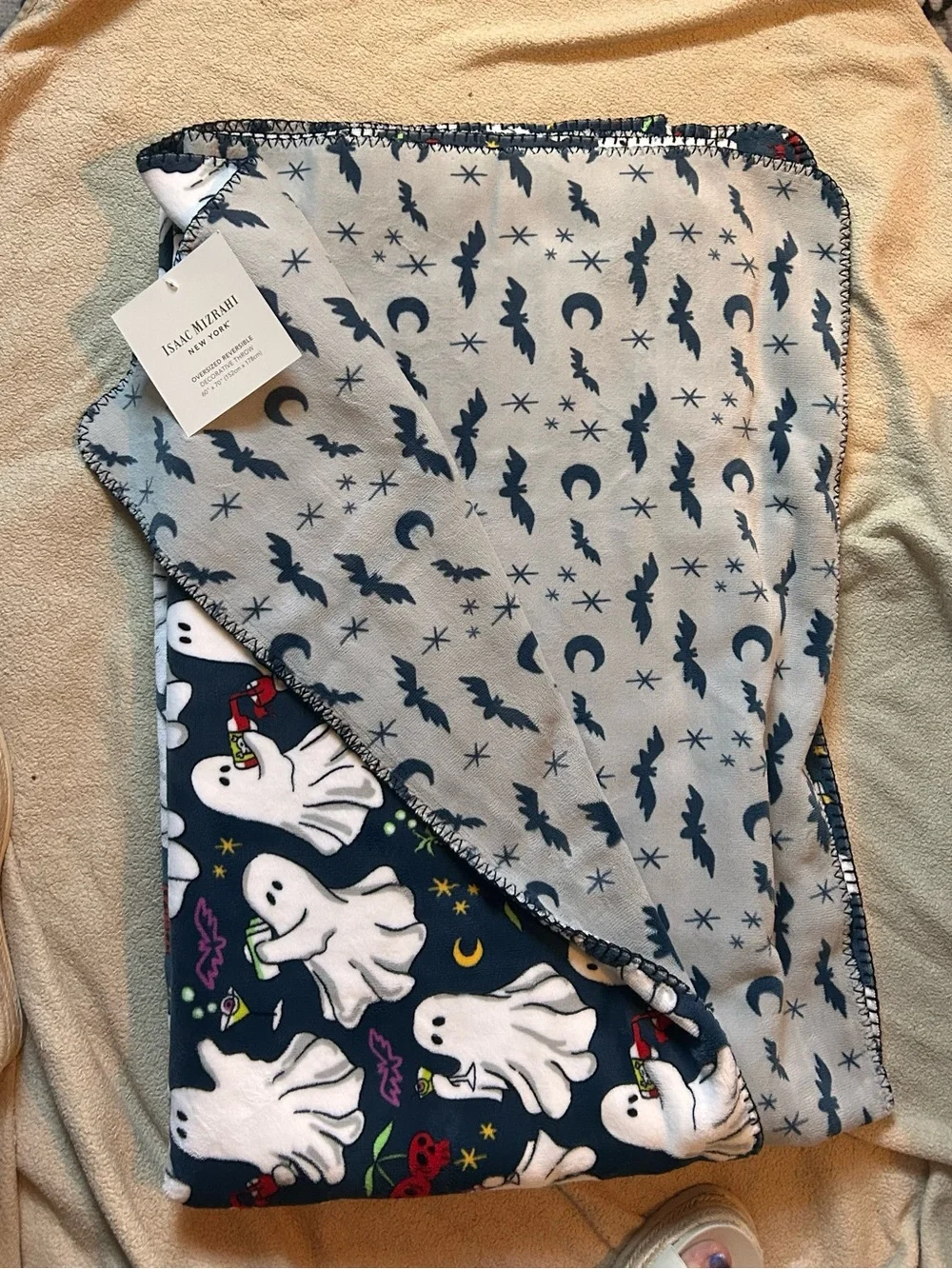 ISAAC MIZRAHI NEW YORK Plush Ghosts & Cocktails Reversible Throw NWTS